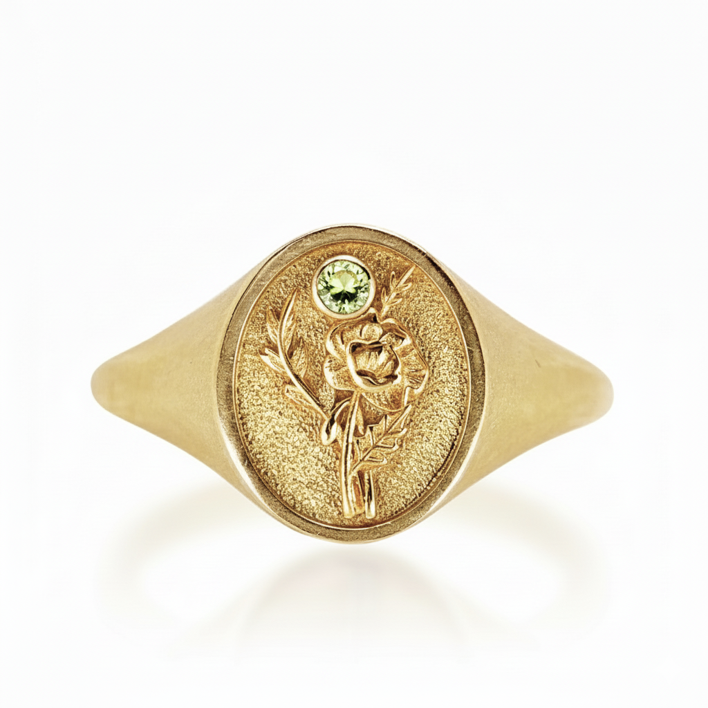 THE AUGUST BIRTH FLOWER AND STONE RING — GLADIOLUS AND PERIDOT