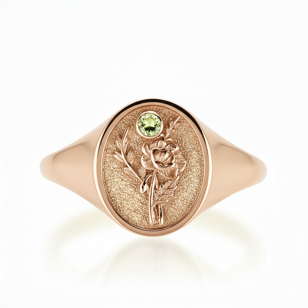 THE AUGUST BIRTH FLOWER AND STONE RING — GLADIOLUS AND PERIDOT
