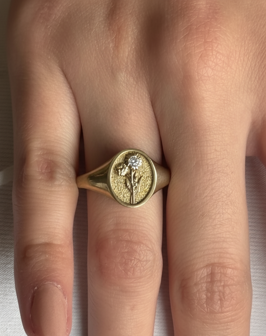 THE APRIL BIRTH FLOWER AND STONE RING — DAISY AND DIAMOND