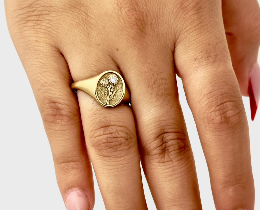 THE APRIL BIRTH FLOWER AND STONE RING — DAISY AND DIAMOND