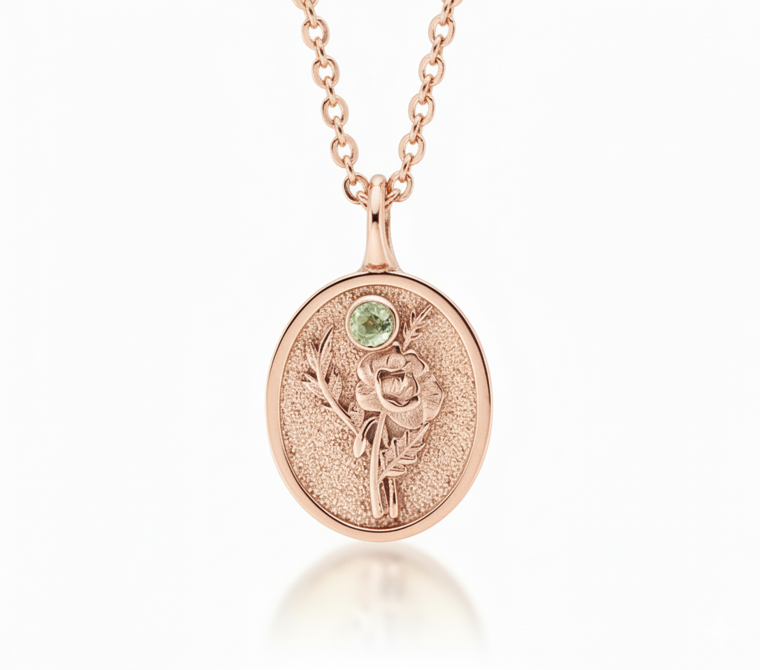 THE AUGUST BIRTH FLOWER & STONE PENDANT — GLADIOLUS AND PERIDOT