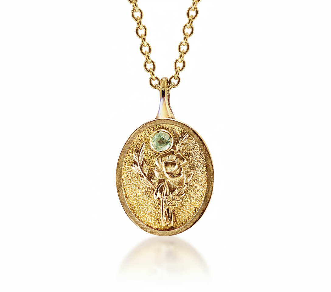 THE AUGUST BIRTH FLOWER & STONE PENDANT — GLADIOLUS AND PERIDOT