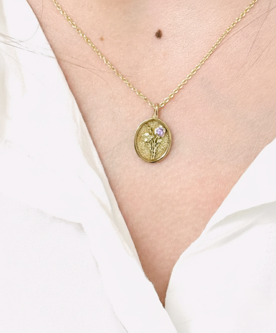 THE FEBRUARY BIRTH FLOWER & STONE PENDANT — VIOLET AND AMETHYST