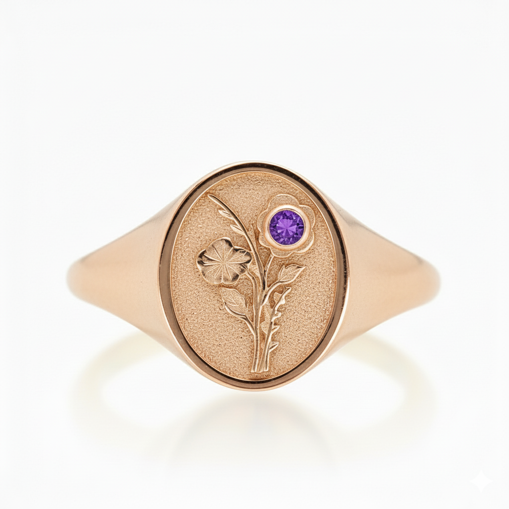 THE FEBRUARY BIRTH FLOWER AND STONE RING - VIOLET AND AMETHYST