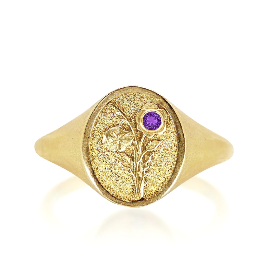 THE FEBRUARY BIRTH FLOWER AND STONE RING - VIOLET AND AMETHYST