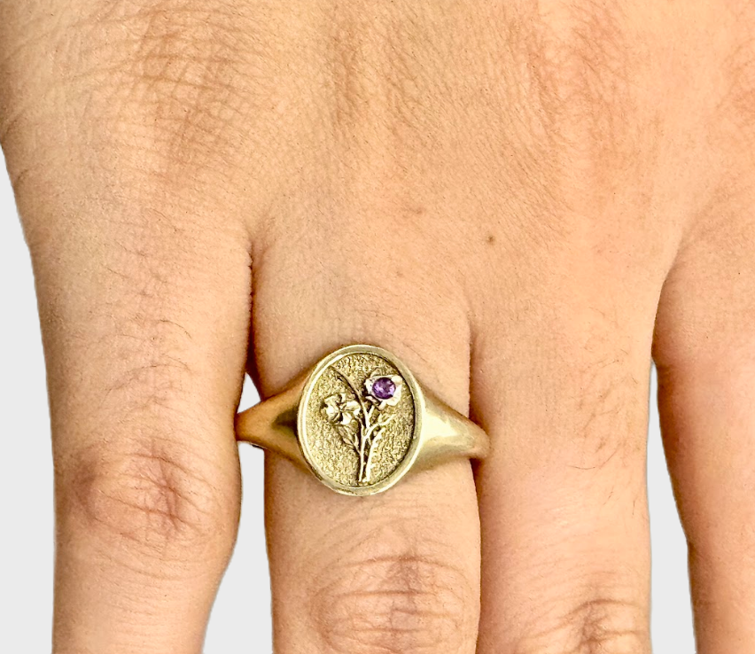 THE FEBRUARY BIRTH FLOWER AND STONE RING - VIOLET AND AMETHYST