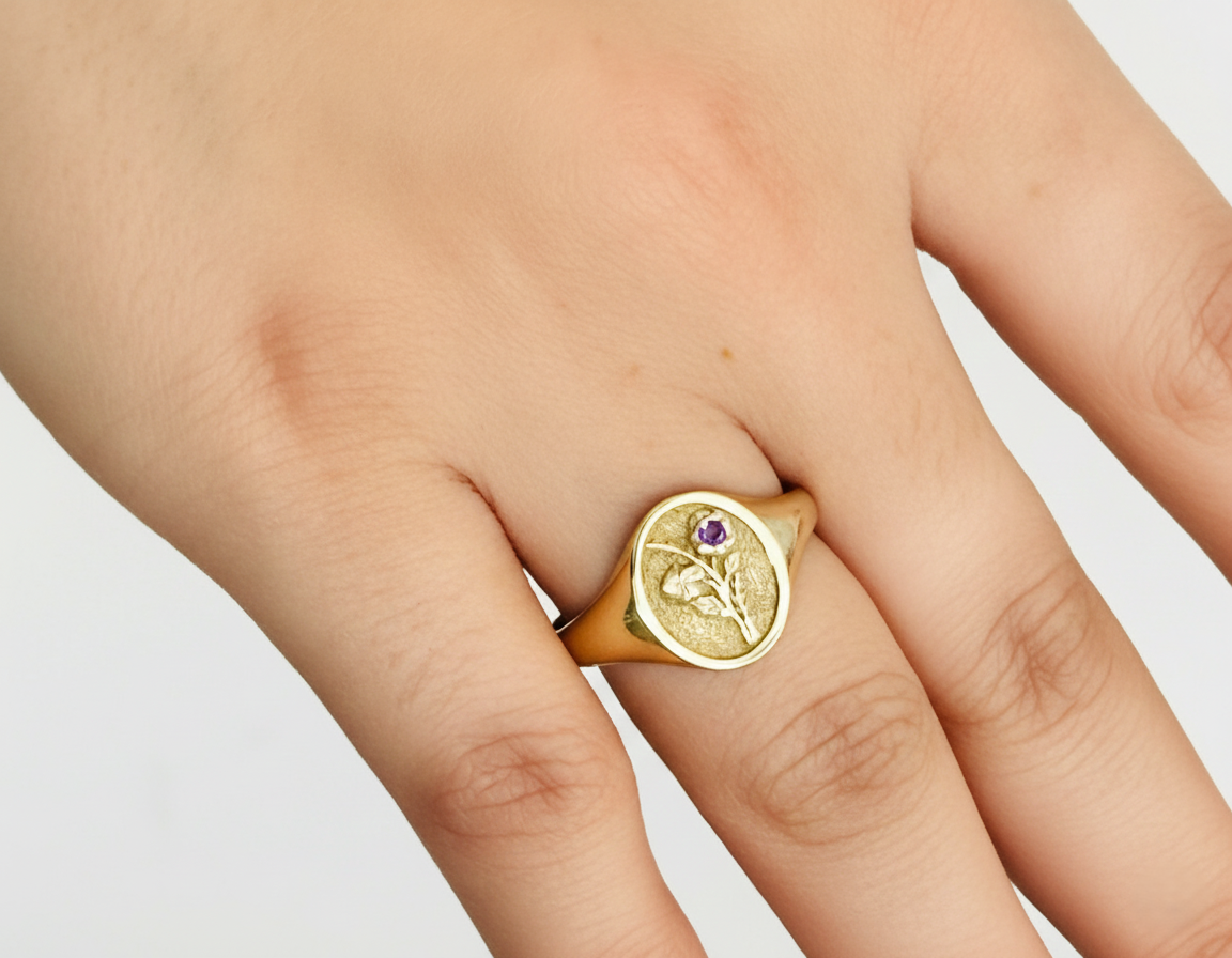 THE FEBRUARY BIRTH FLOWER AND STONE RING - VIOLET AND AMETHYST