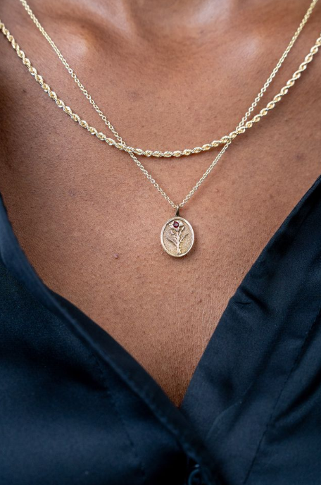 THE JANUARY BIRTH FLOWER & STONE PENDANT — CARNATION AND GARNET