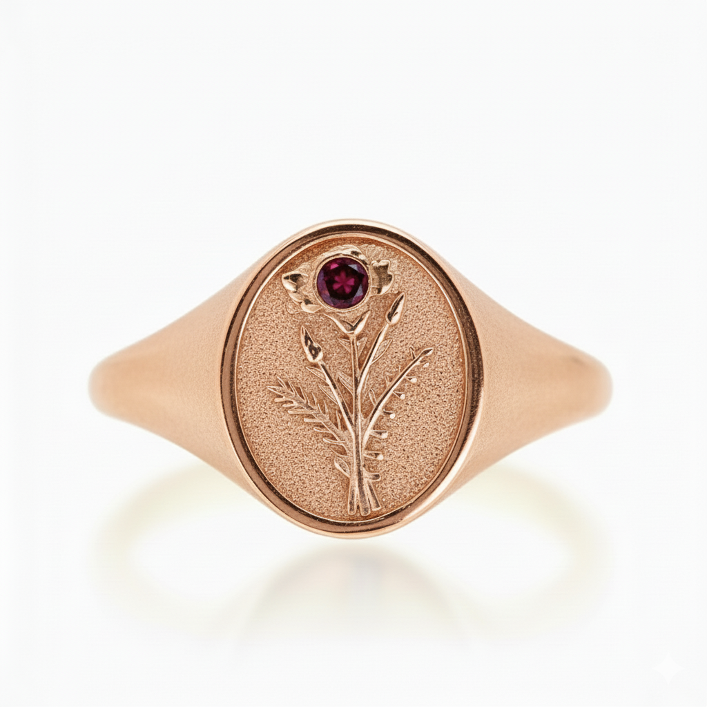 THE JANUARY BIRTH FLOWER AND STONE RING - CARNATION AND GARNET