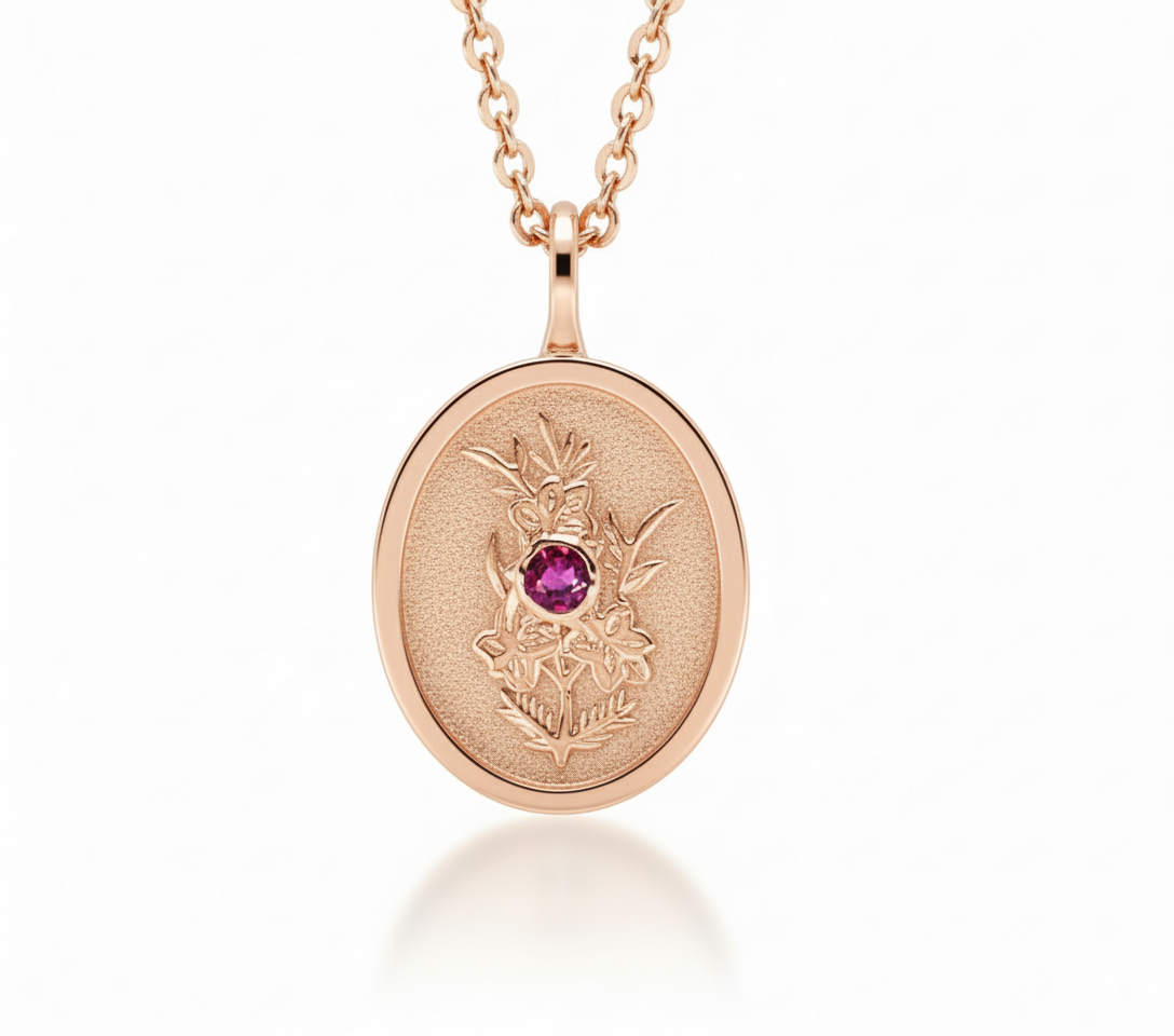 THE JULY BIRTH FLOWER & STONE PENDANT — LARKSPUR AND RUBY