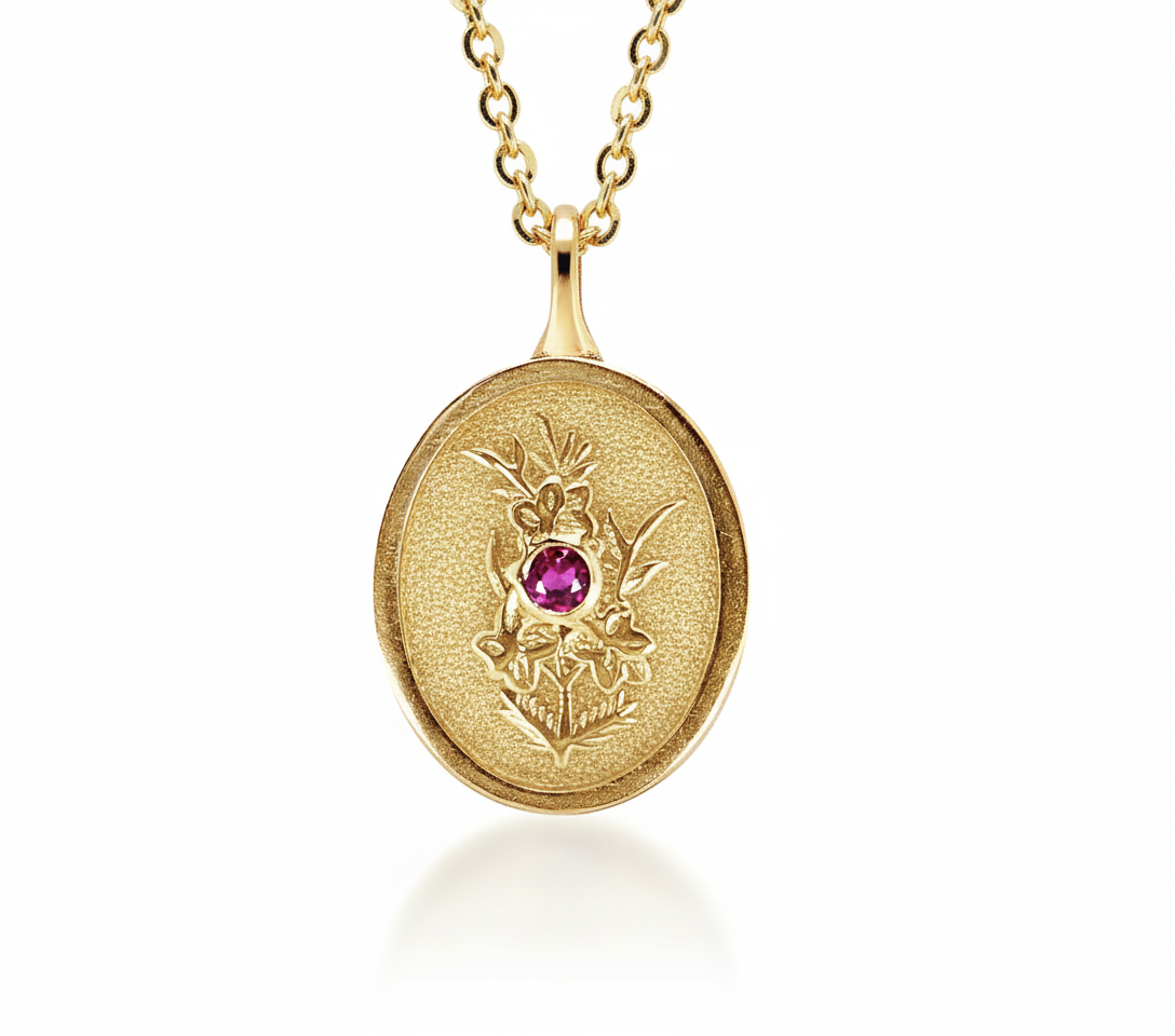 THE JULY BIRTH FLOWER & STONE PENDANT — LARKSPUR AND RUBY