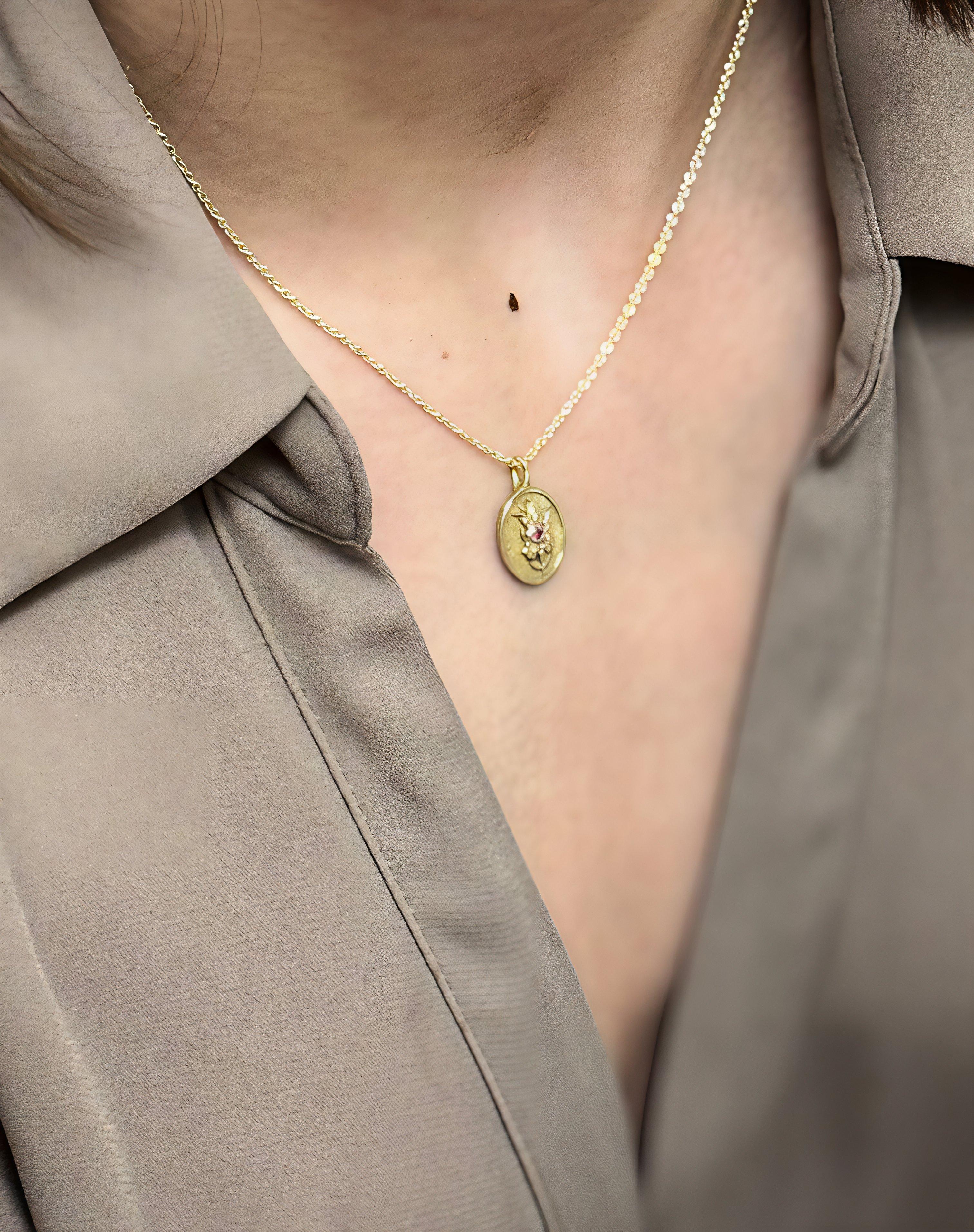 THE JULY BIRTH FLOWER & STONE PENDANT — LARKSPUR AND RUBY