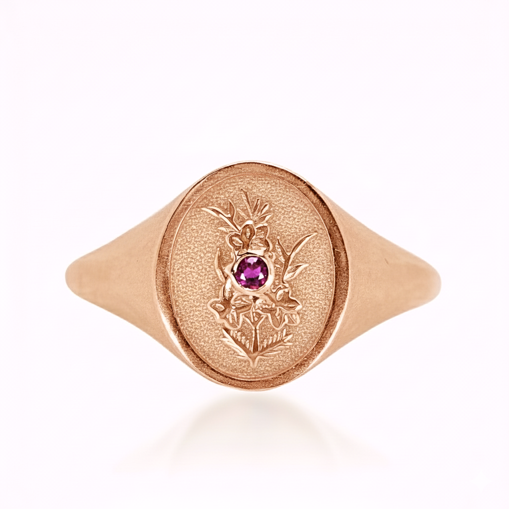 THE JULY BIRTH FLOWER AND STONE RING — LARKSPUR AND RUBY
