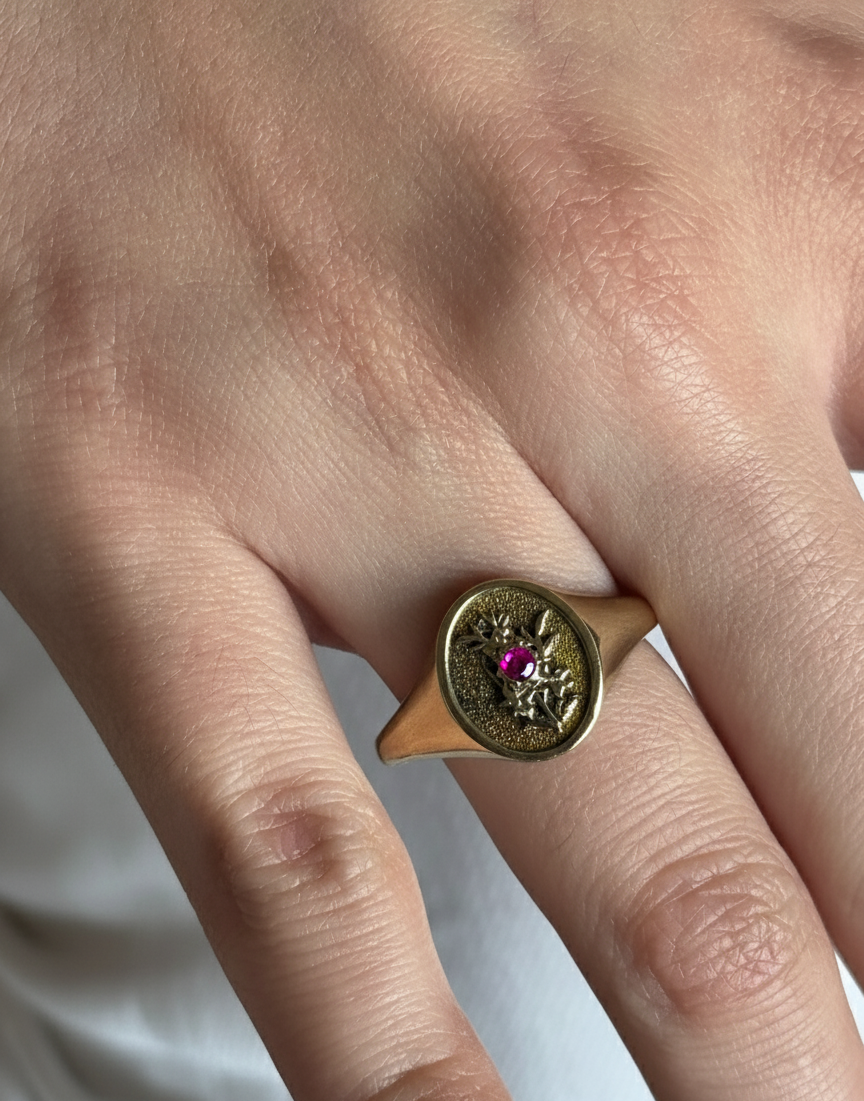 THE JULY BIRTH FLOWER AND STONE RING — LARKSPUR AND RUBY