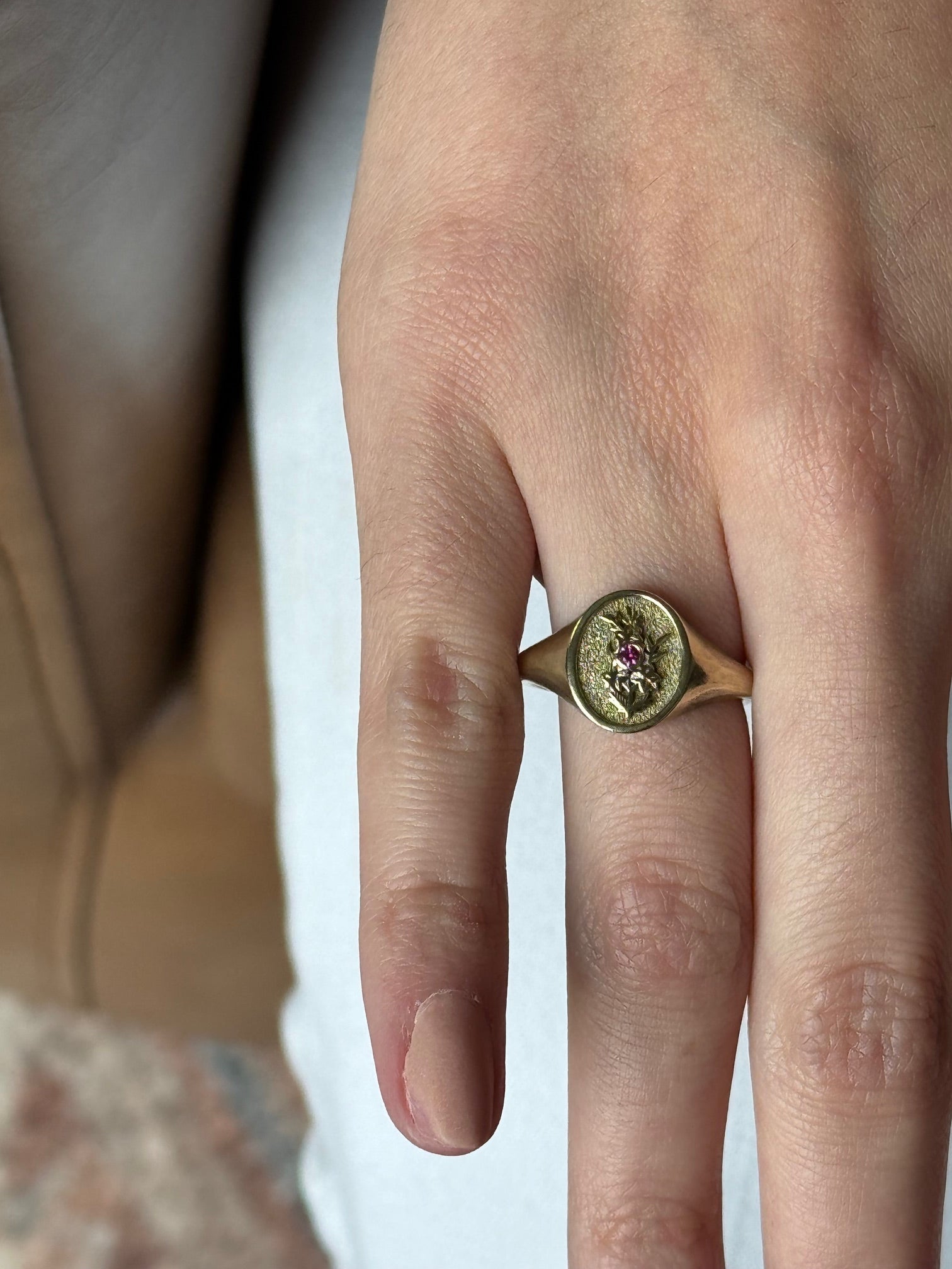 THE JULY BIRTH FLOWER AND STONE RING — LARKSPUR AND RUBY