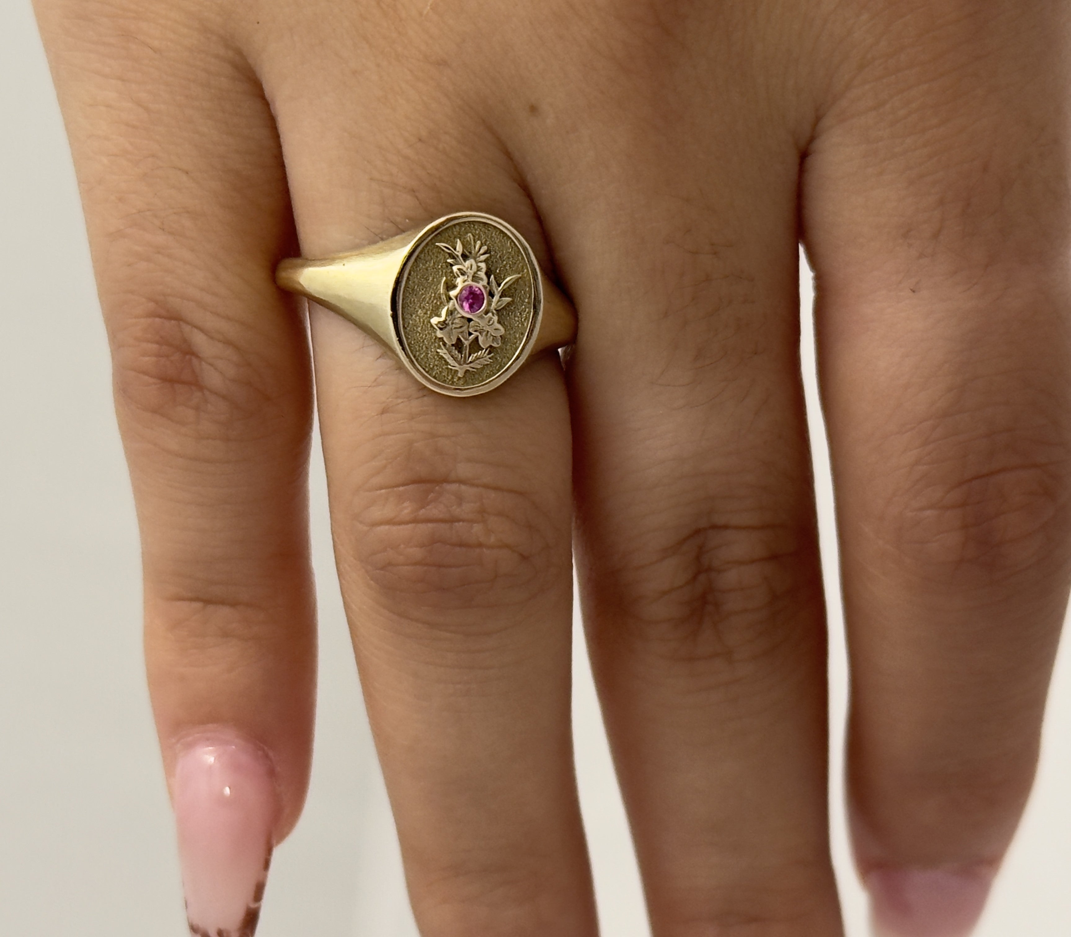 THE JULY BIRTH FLOWER AND STONE RING — LARKSPUR AND RUBY
