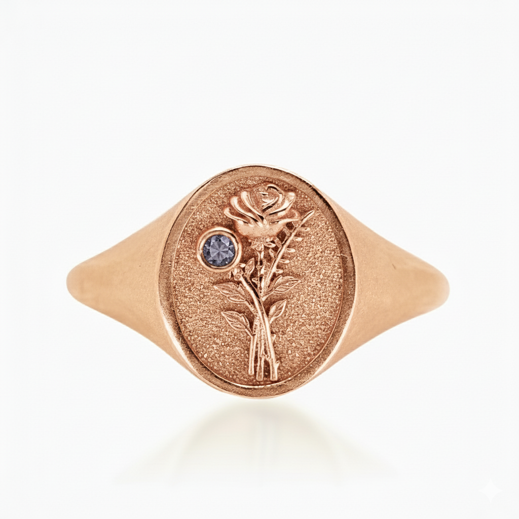 THE JUNE BIRTH FLOWER AND STONE RING — ROSE AND ALEXANDRITE