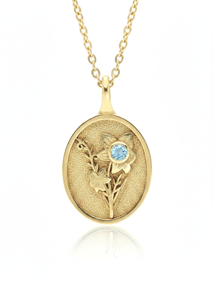 THE MARCH BIRTH FLOWER & STONE PENDANT — DAFFODIL AND AQUAMARINE