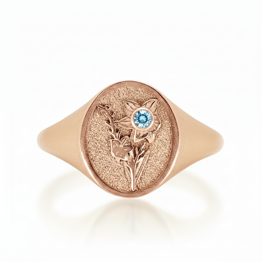 THE MARCH BIRTH FLOWER AND STONE RING — DAFFODIL AND AQUAMARINE