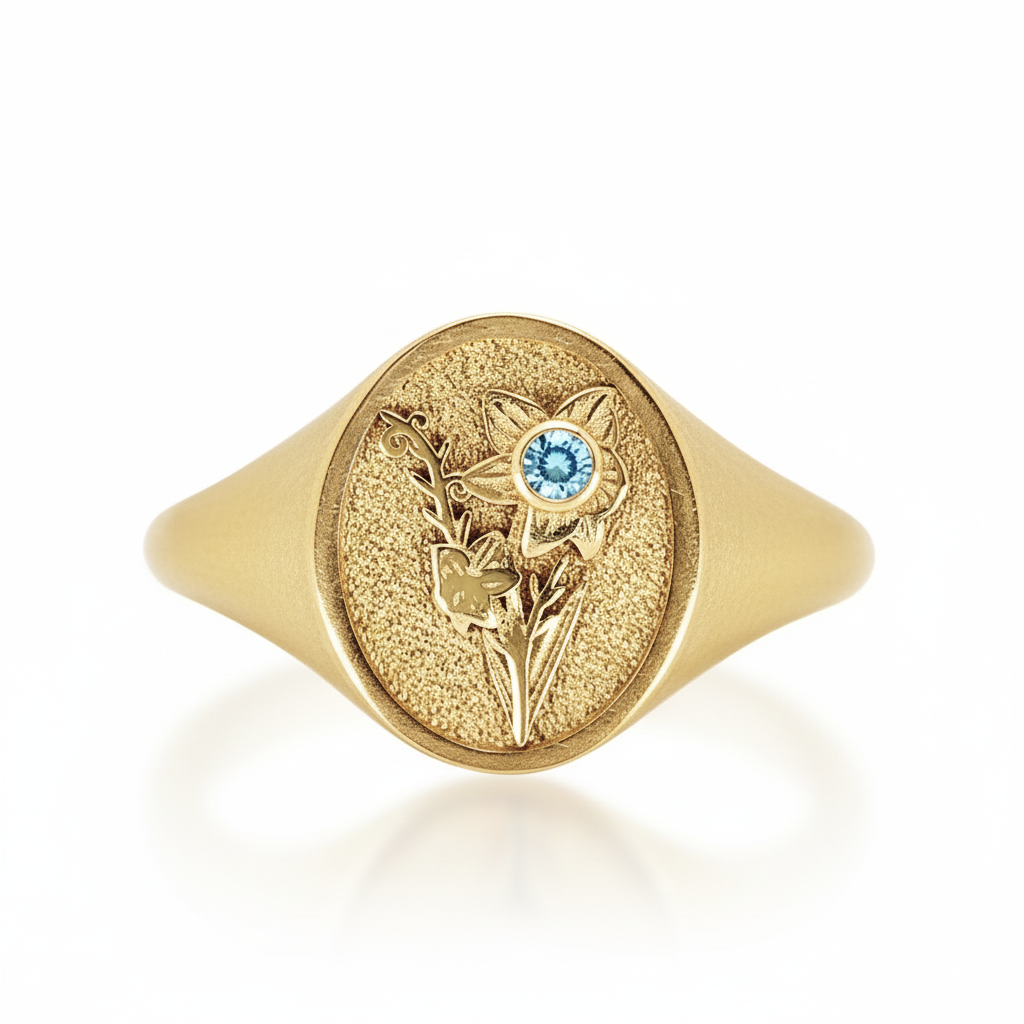 THE MARCH BIRTH FLOWER AND STONE RING — DAFFODIL AND AQUAMARINE