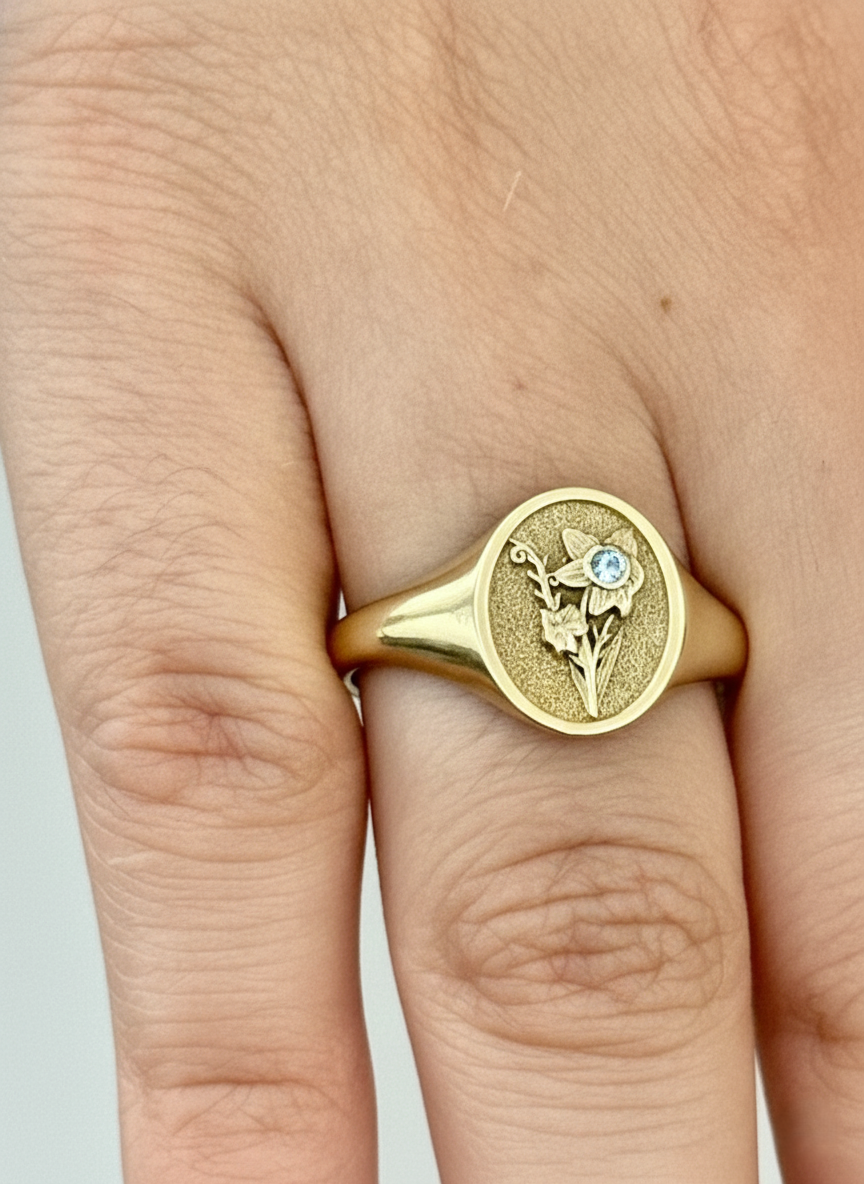 THE MARCH BIRTH FLOWER AND STONE RING — DAFFODIL AND AQUAMARINE