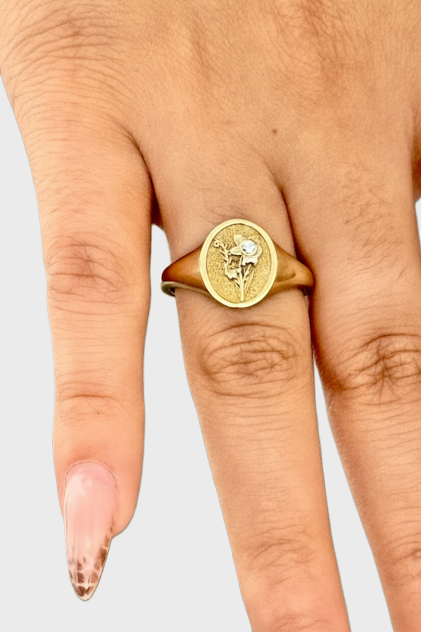 THE MARCH BIRTH FLOWER AND STONE RING — DAFFODIL AND AQUAMARINE