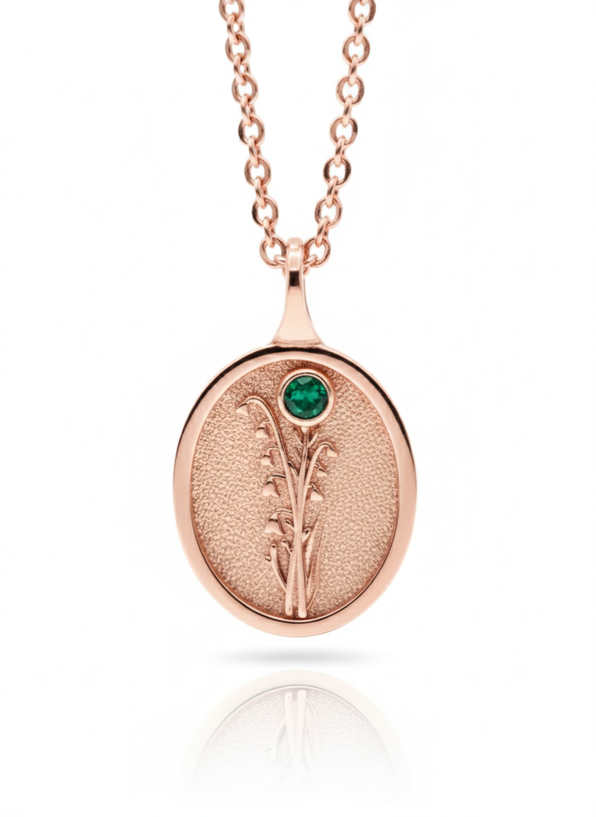 THE MAY BIRTH FLOWER & STONE PENDANT — LILY OF THE VALLEY AND EMERALD