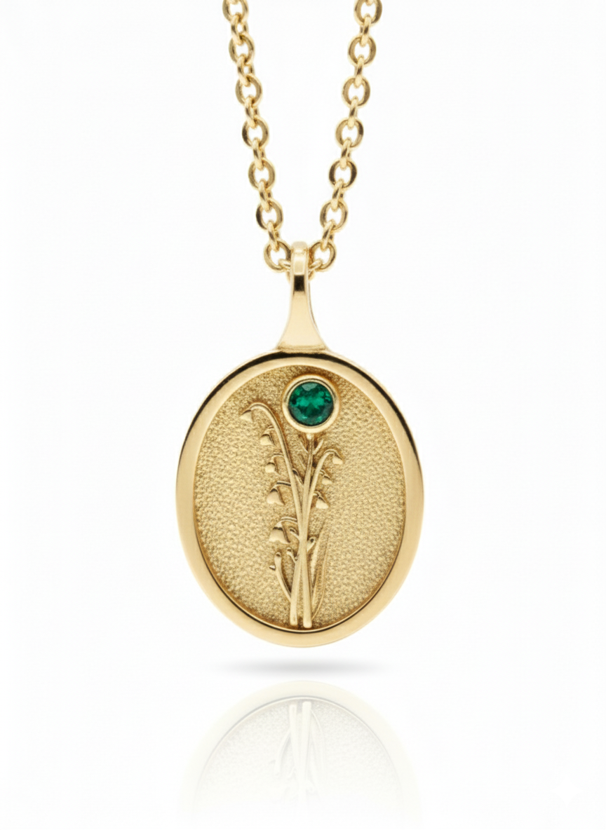 THE MAY BIRTH FLOWER & STONE PENDANT — LILY OF THE VALLEY AND EMERALD