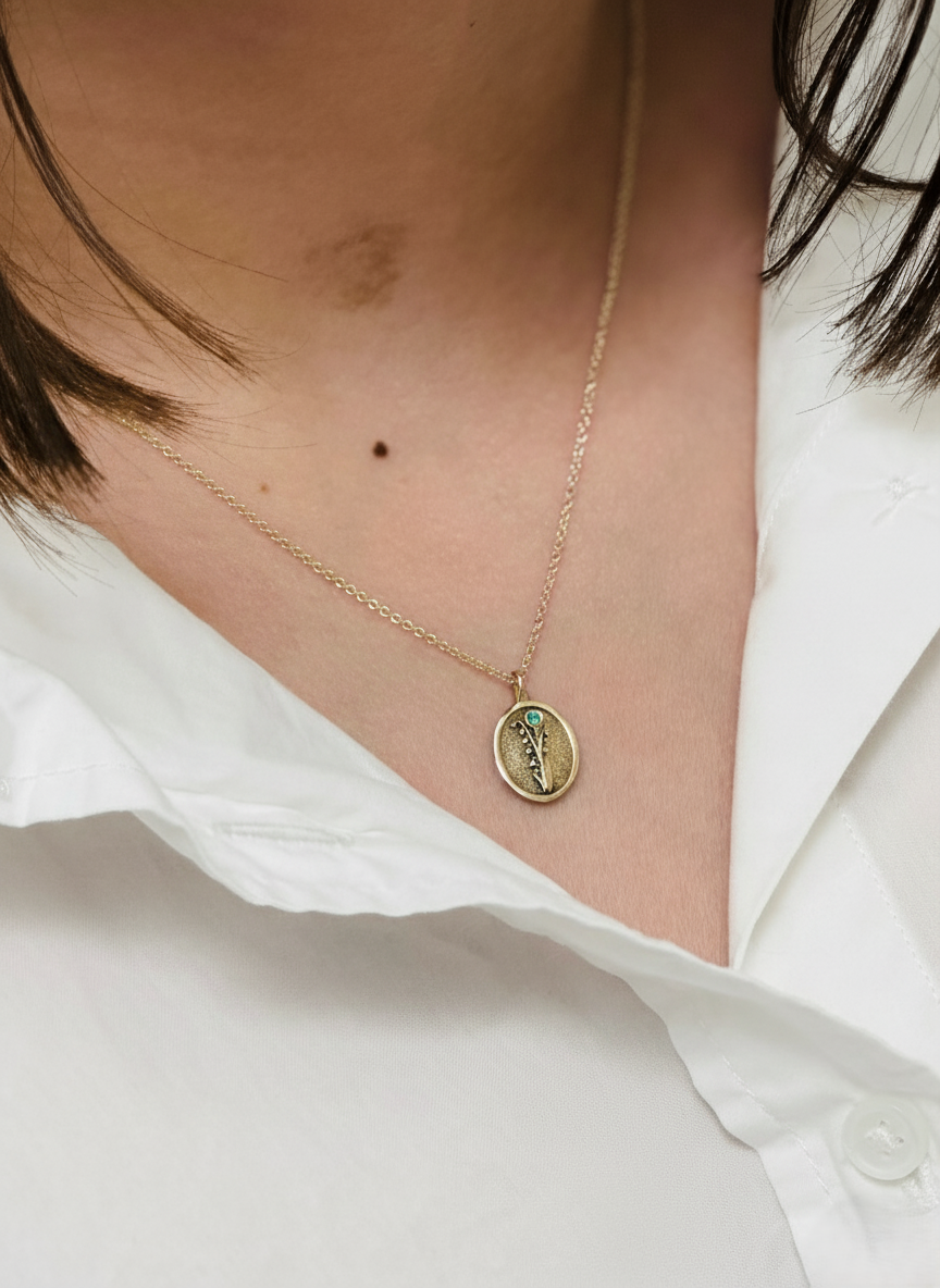 THE MAY BIRTH FLOWER & STONE PENDANT — LILY OF THE VALLEY AND EMERALD