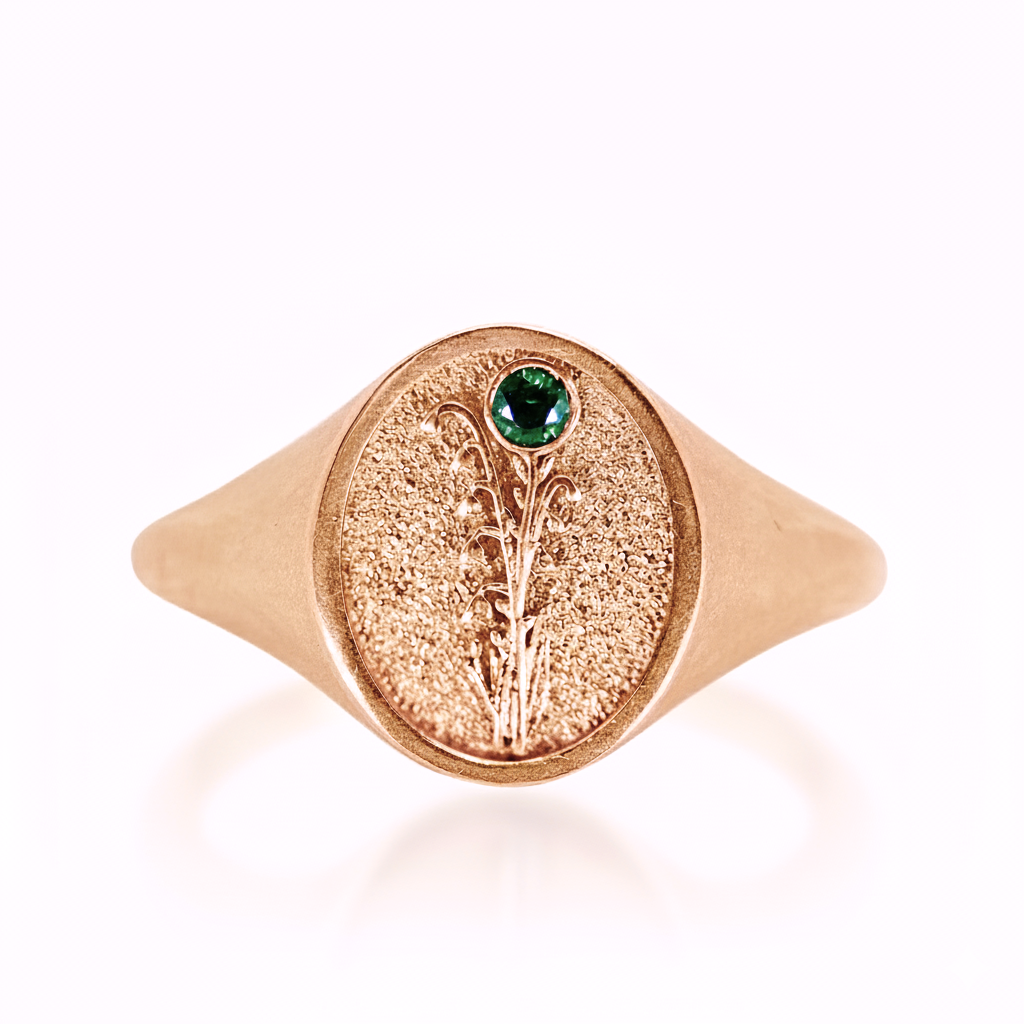 THE MAY BIRTH FLOWER AND STONE RING — LILY OF THE VALLEY AND EMERALD
