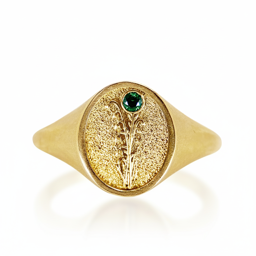 THE MAY BIRTH FLOWER AND STONE RING — LILY OF THE VALLEY AND EMERALD