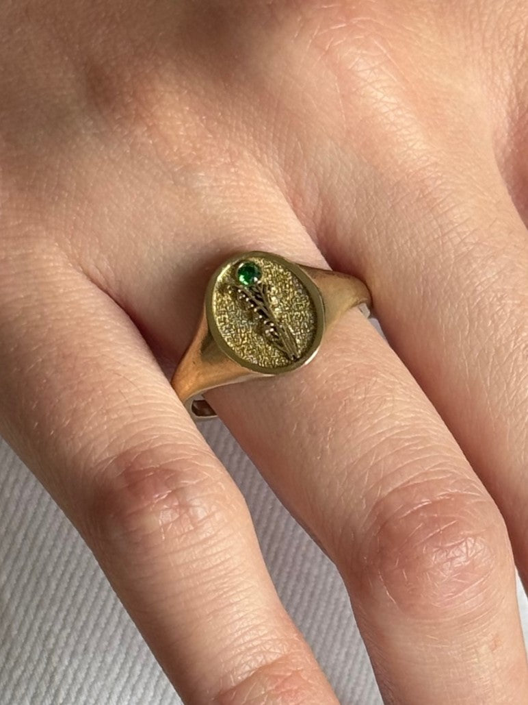 THE MAY BIRTH FLOWER AND STONE RING — LILY OF THE VALLEY AND EMERALD