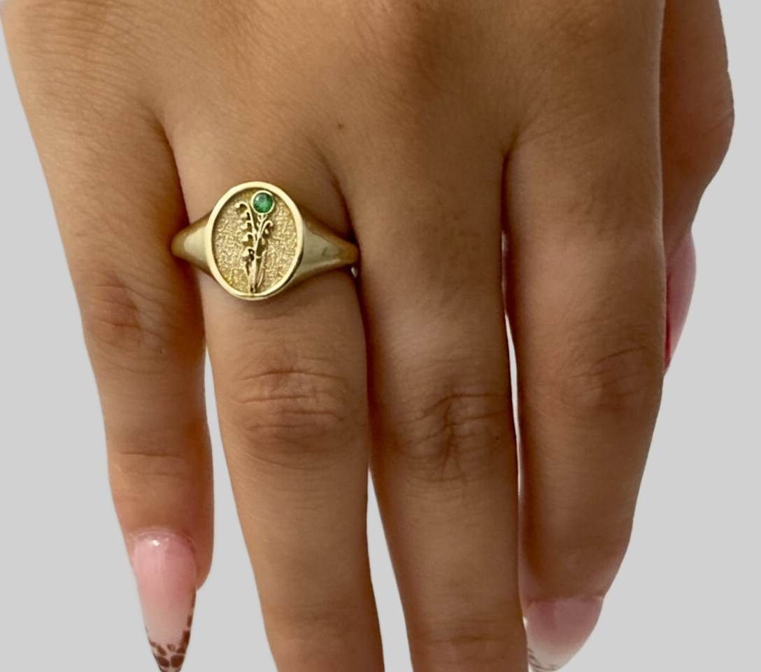 THE MAY BIRTH FLOWER AND STONE RING — LILY OF THE VALLEY AND EMERALD