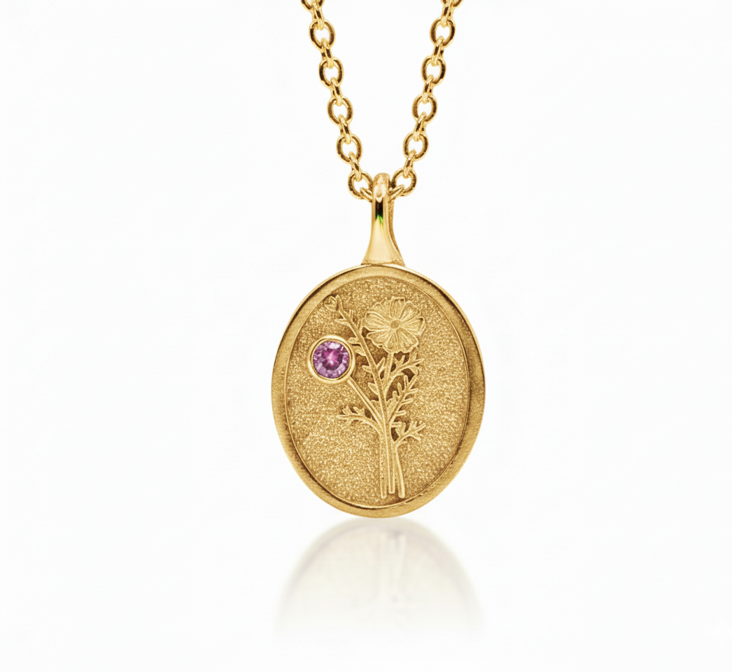 THE OCTOBER BIRTH FLOWER & STONE PENDANT — MARIGOLD AND PINK TOURMALINE