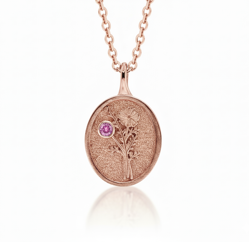 THE OCTOBER BIRTH FLOWER & STONE PENDANT — MARIGOLD AND PINK TOURMALINE