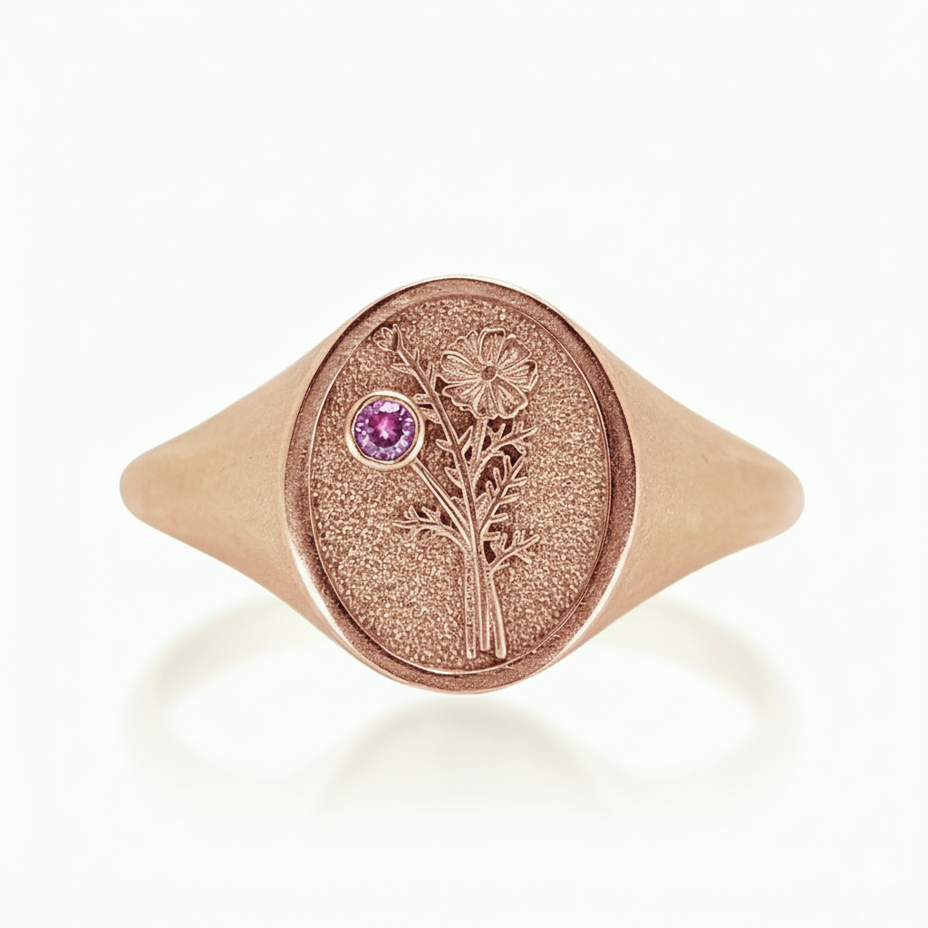THE OCTOBER BIRTH FLOWER AND STONE RING — MARIGOLD AND PINK TOURMALINE