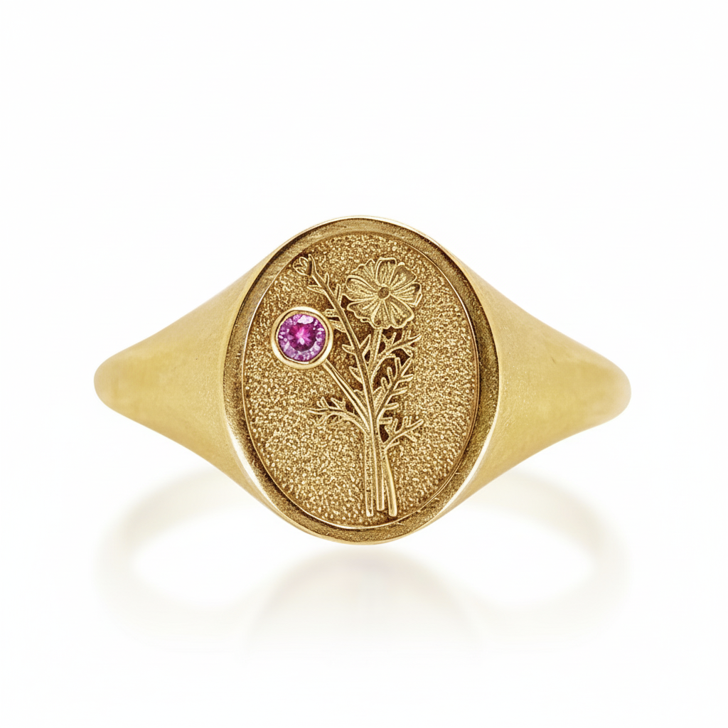 THE OCTOBER BIRTH FLOWER AND STONE RING — MARIGOLD AND PINK TOURMALINE