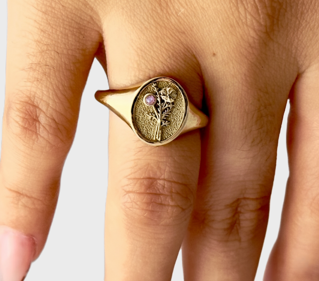 THE OCTOBER BIRTH FLOWER AND STONE RING — MARIGOLD AND PINK TOURMALINE