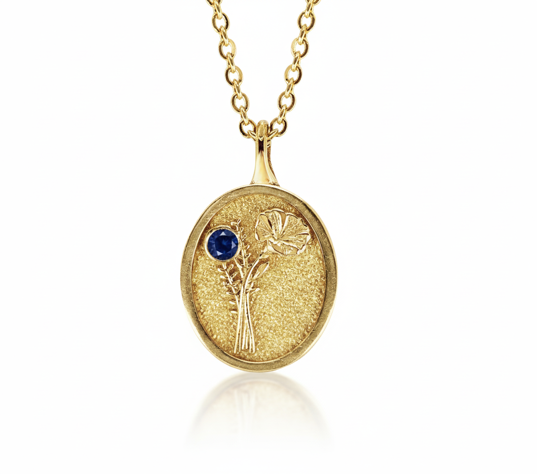 THE SEPTEMBER BIRTH FLOWER & STONE PENDANT — ASTER AND SAPPHIRE