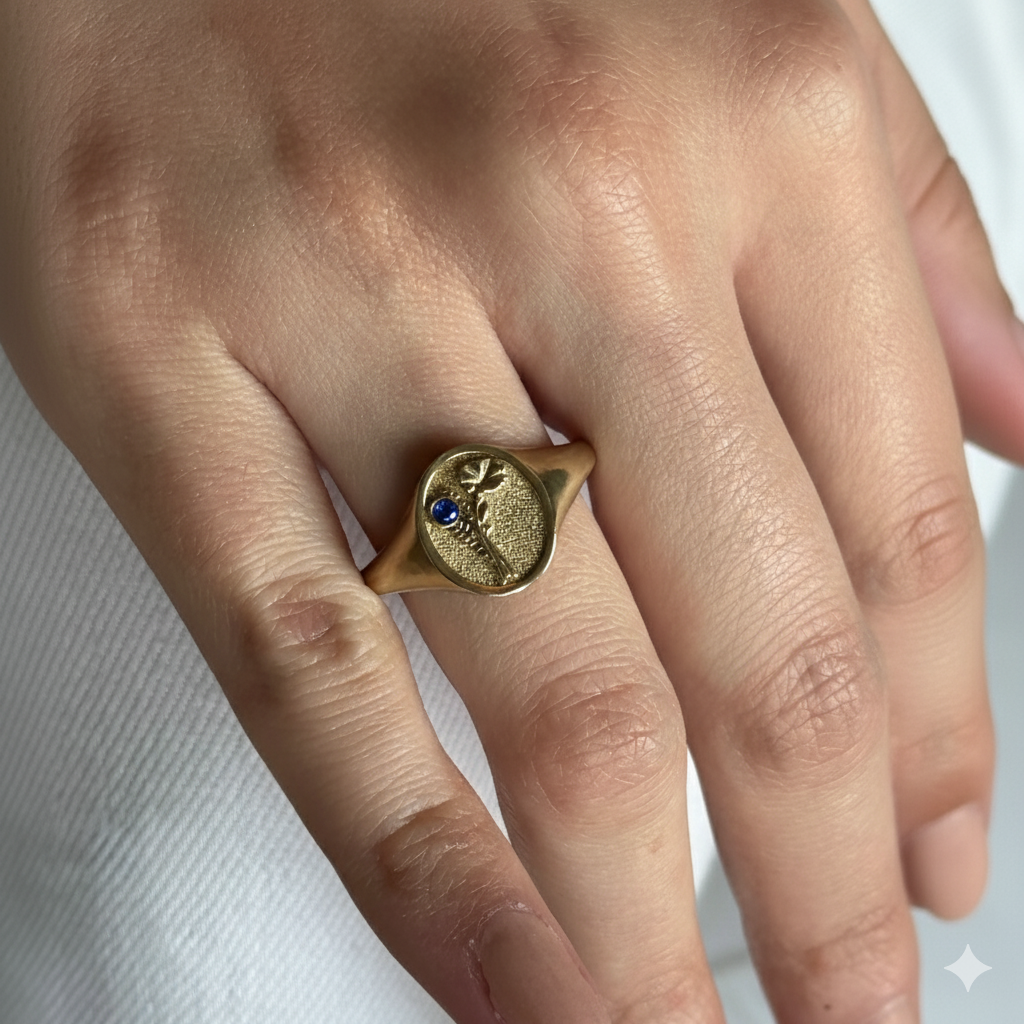 THE SEPTEMBER BIRTH FLOWER AND STONE RING — ASTER AND SAPPHIRE