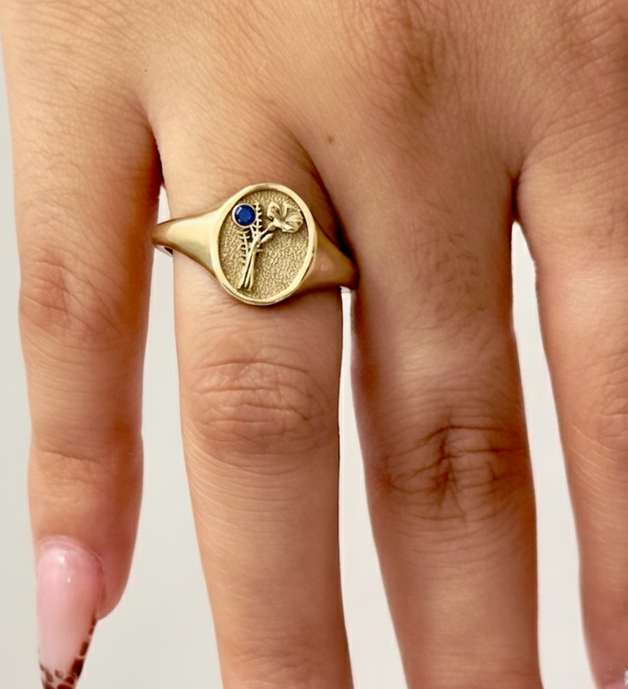 THE SEPTEMBER BIRTH FLOWER AND STONE RING — ASTER AND SAPPHIRE